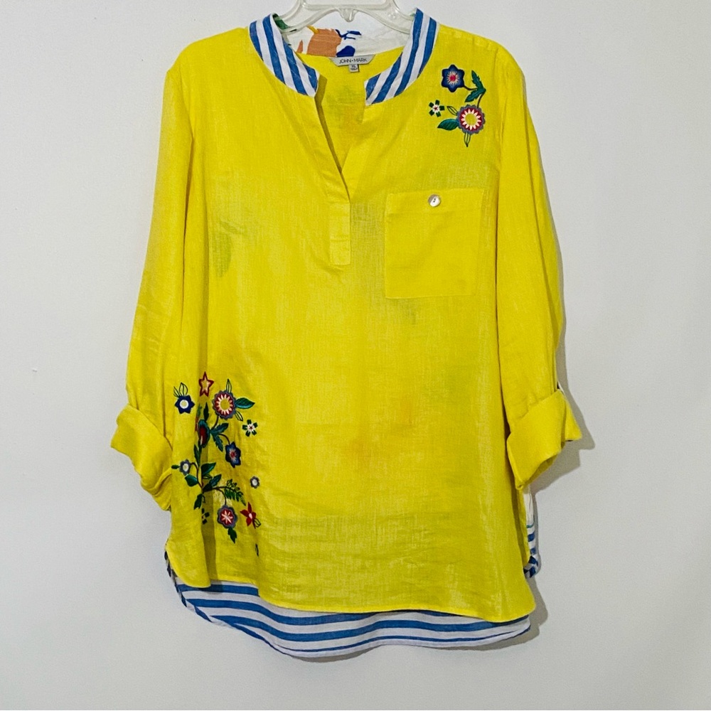 John Mark Bright Yellow Embroidered Tunic with Blue Trim